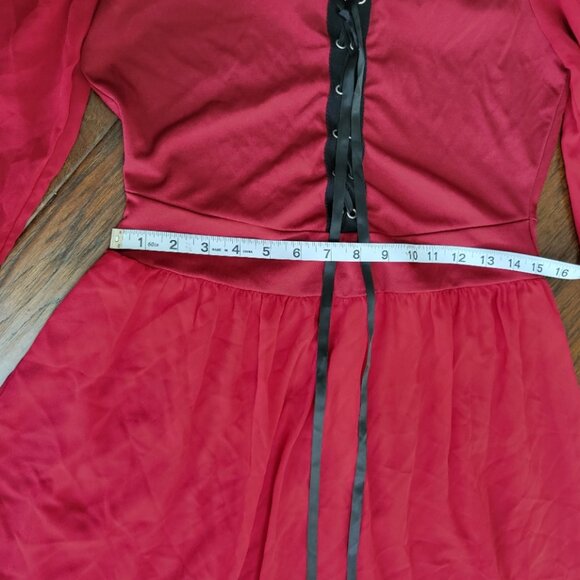 Renaissance Faire Gothic Vampire Red Dress Off-Shoulder Lace-up Dramatic Sleeves - Picture 8 of 15